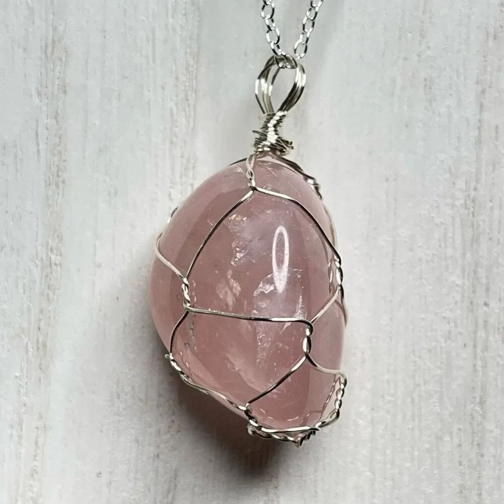 Rose Quartz wire cage tumble pendant necklace silver plated pink